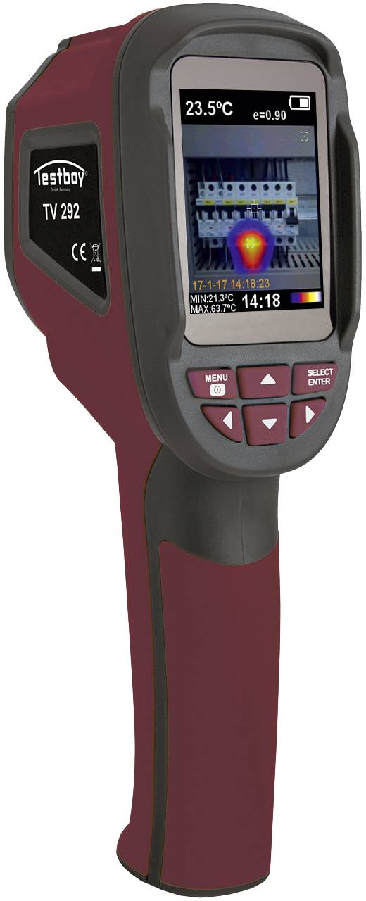 An infrared thermal imaging camera displays colour temperature measurement on a screen. Device for temperature detection.