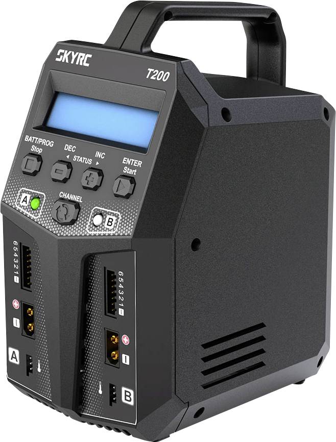 Black SkyRC T200 charger with display, control buttons and two charging ports, each with a display and status indicator for charger A and B.