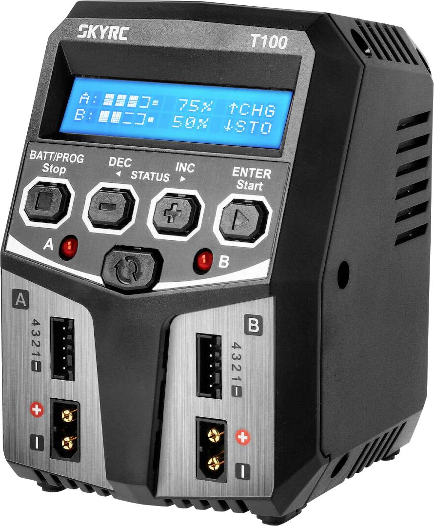 Two-Channel Charger with Digital Display. Shows charging progress and settings for two batteries. Modes: Start, Stop, Increase, Decrease.