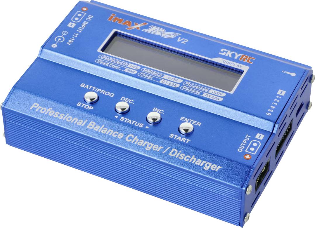 Blue charger with display and setting buttons. Label: 'Professional Balance Charger/Discharger'. Model: iMAX B6 V2.