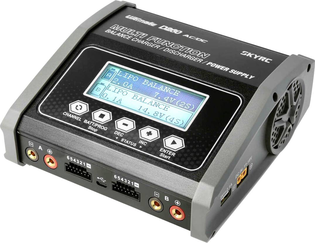 Charger with screen displays 'LiPo Balance' charging information. Device has connections for various battery types.