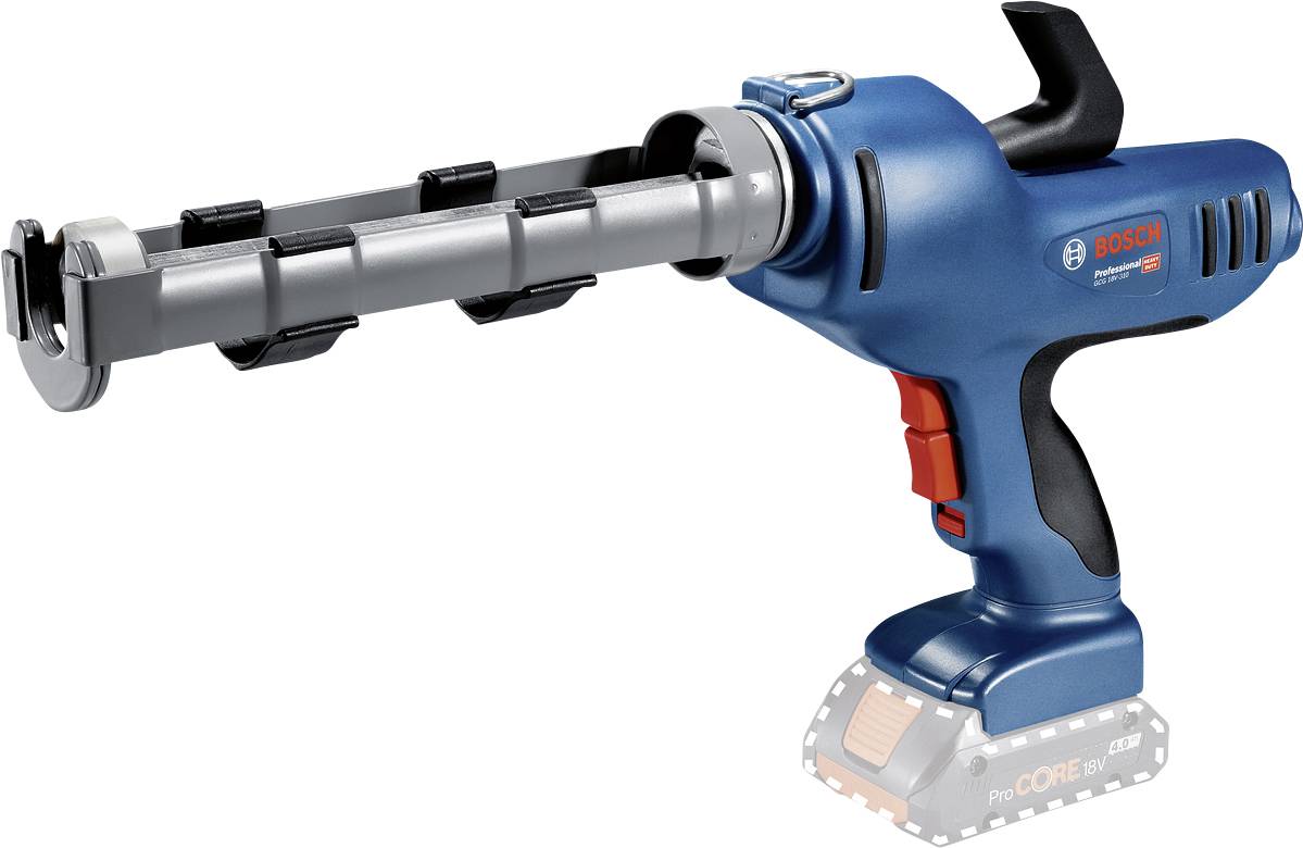 Battery-powered blue cartridge gun with a black handle and red button, used for precise application of sealants.