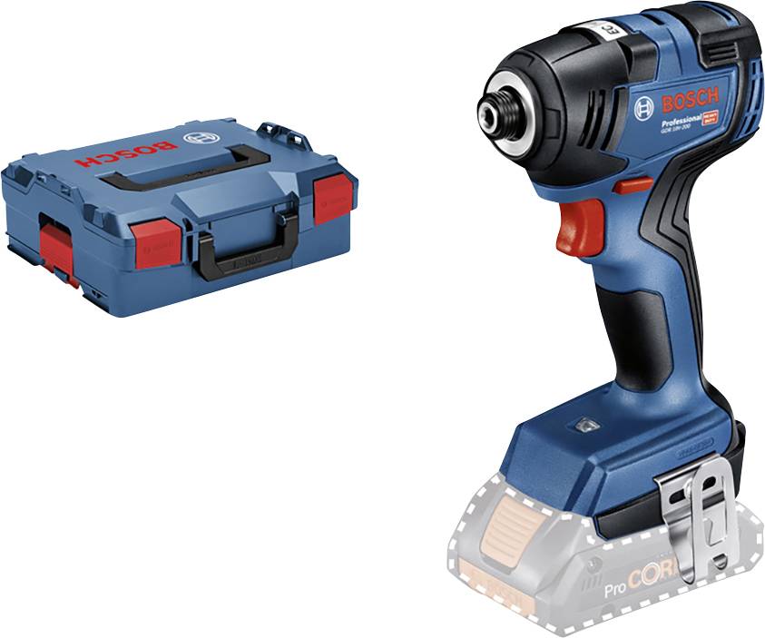 Bosch cordless drill with an empty battery compartment, next to a blue tool case with a red fastener. Suitable for DIY projects.