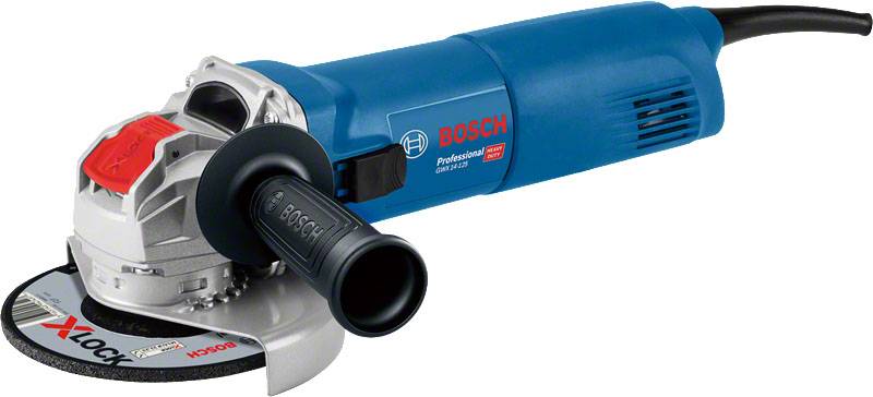 Blue angle grinder with red detail, positioned sideways. Showing the 'Bosch Professional' brand with a black handle and cable.