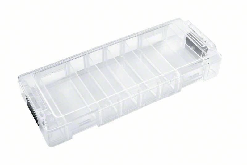 Small, transparent plastic container with multiple compartments for storing small items or accessories.
