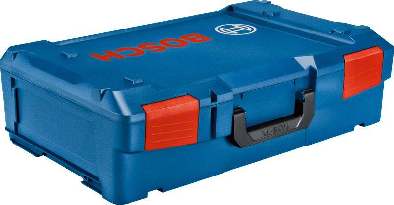 A blue tool case with the red Bosch logo on the lid. The case has red accents and a black, folding handle.