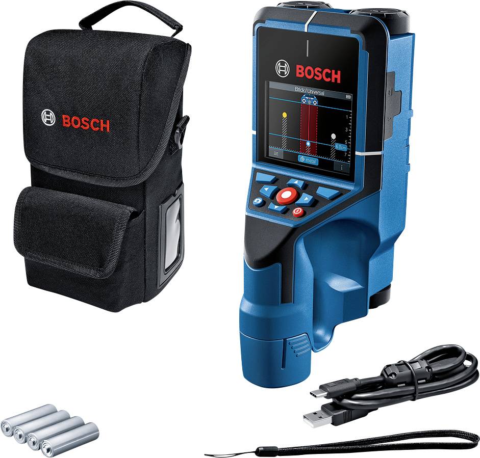 Bosch Detection Device and Accessories: Device for locating metals and electrical cables, including case, batteries, USB cable and strap.