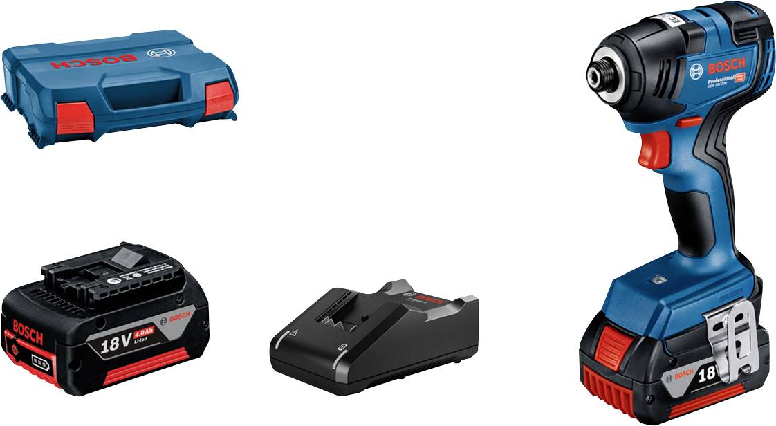Cordless hammer drill set comprising a Bosch drill, an 18V lithium-ion battery, a charger, and a carry case.