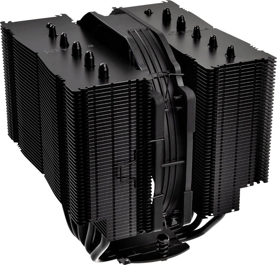 A large, black CPU cooler with multiple cooling fins and heat pipes for heat dissipation. Suitable for high-performance computing applications.