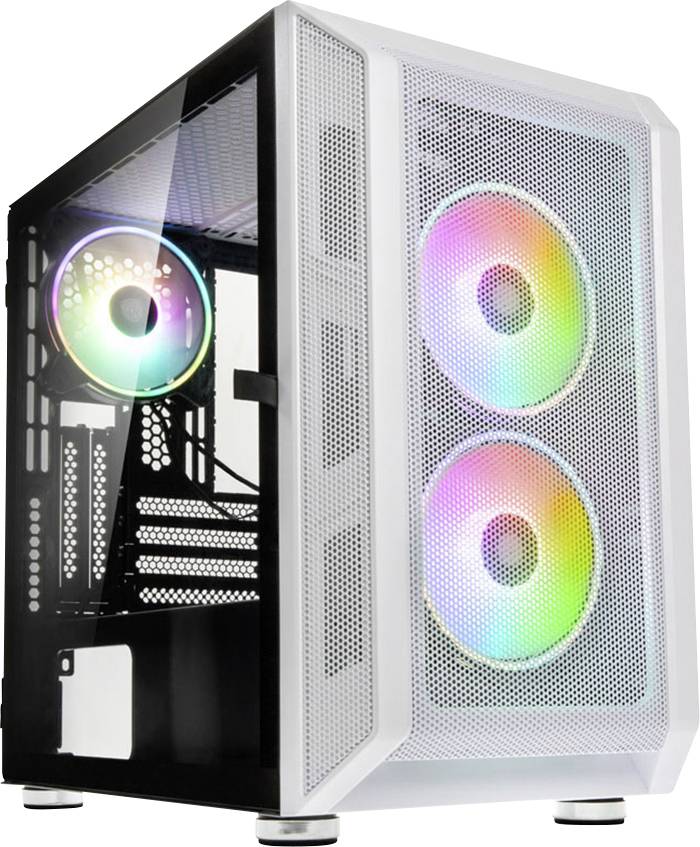 A white computer case with two illuminated fans and a transparent side panel revealing coloured LEDs.