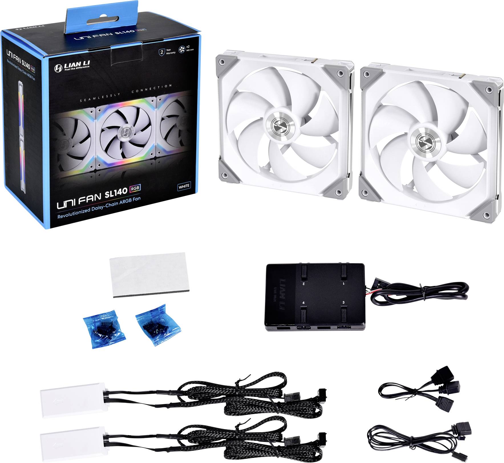 Two white computer fans with RGB lighting, packaging, control panel, and cables. Suitable for PC cooling and illumination.