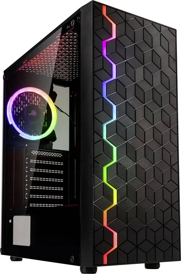 Black PC case with honeycomb pattern on the front, illuminated RGB strips and RGB fans inside, partially glass side panel.