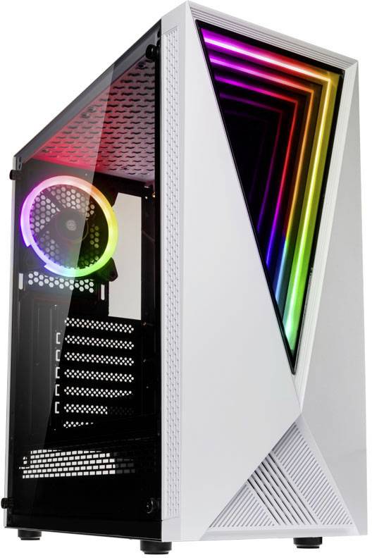 A white computer case with a geometric design, displaying rainbow LED lights. Inside, an illuminated fan is visible.