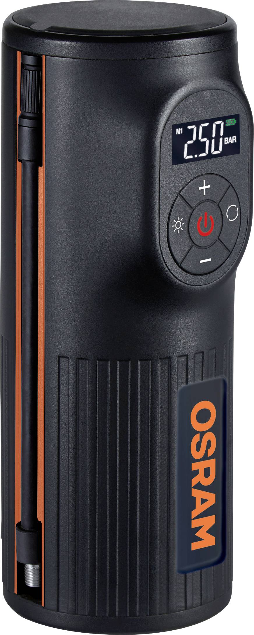 A digital air compressor by OSRAM with pressure display, charging and power buttons. Suitable for car tyres, bicycles or balls.