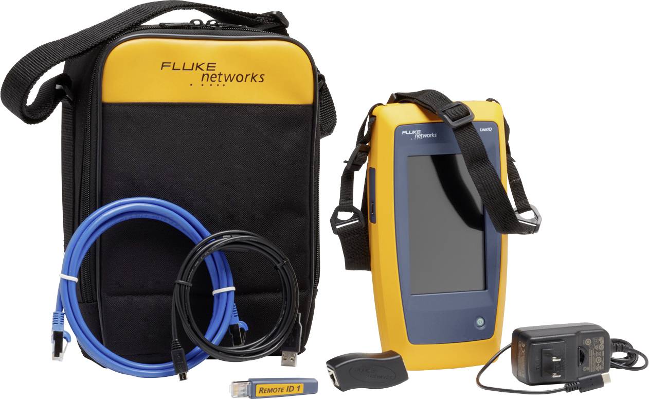 A portable network analyser from Fluke Networks with accessories: carrying case, network cable, adapter, and charger.