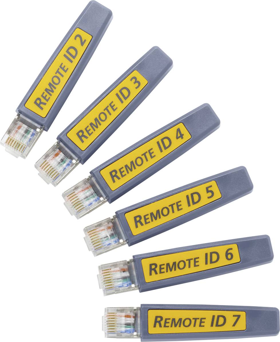 Seven RJ45 network plugs with yellow labels, numbered from Remote ID 2 to Remote ID 7.