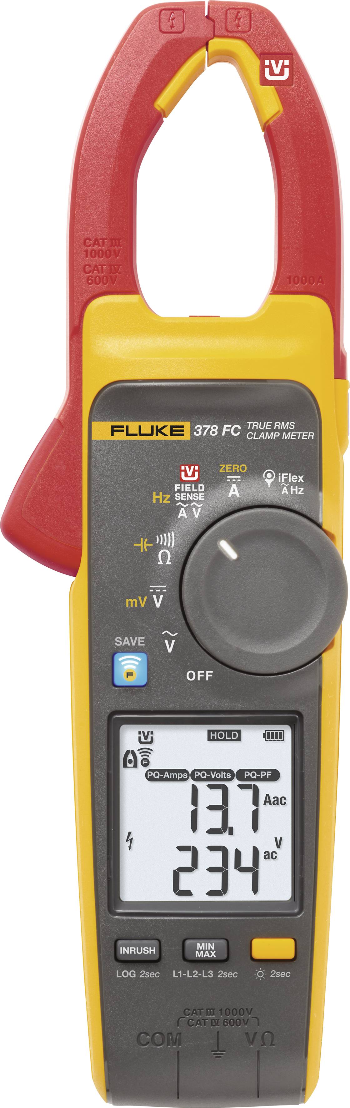 Digital electrical measuring device displaying '137 A' and '234 V'. Device is yellow with red clamps for measuring electric current.