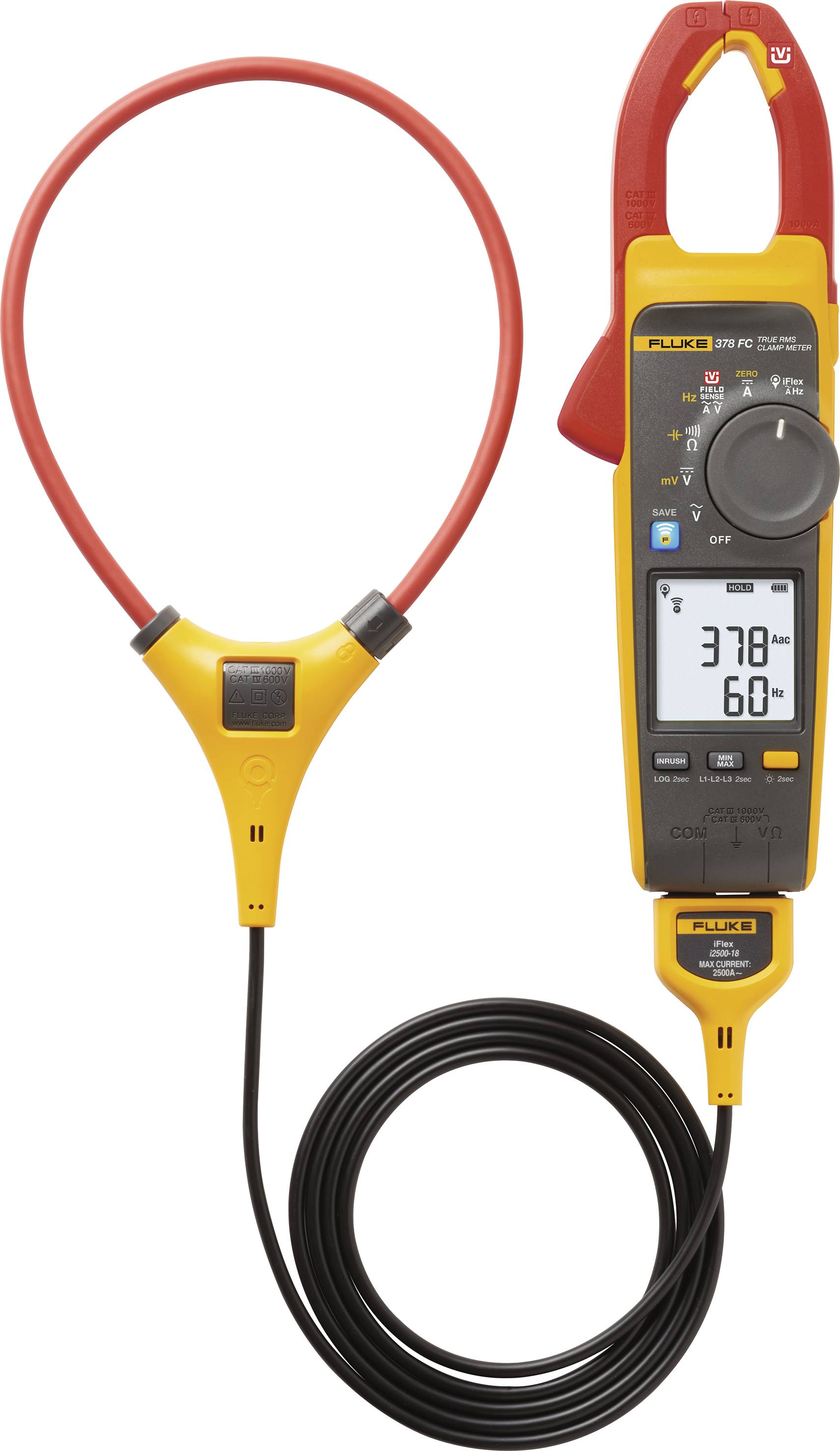 A digital ammeter with a red clamp and a display showing 37.8 amperes. A black cable is connected.