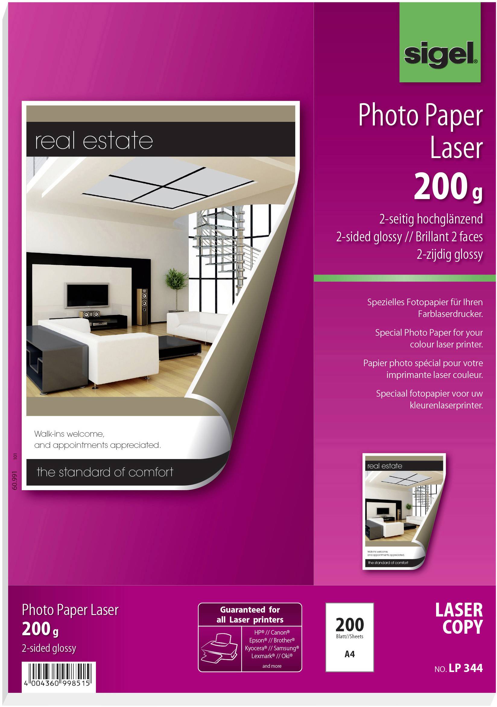 'Photo Paper Laser 200g' packaging by Sigel. Contains an image of a modern furnished room. Text: 'Walk-ins welcome. The standard of comfort.'