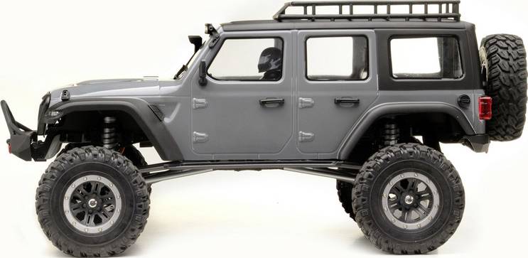 Grey, robust-looking toy car in the style of an off-road vehicle with large wheels, suitable for rough terrain.
