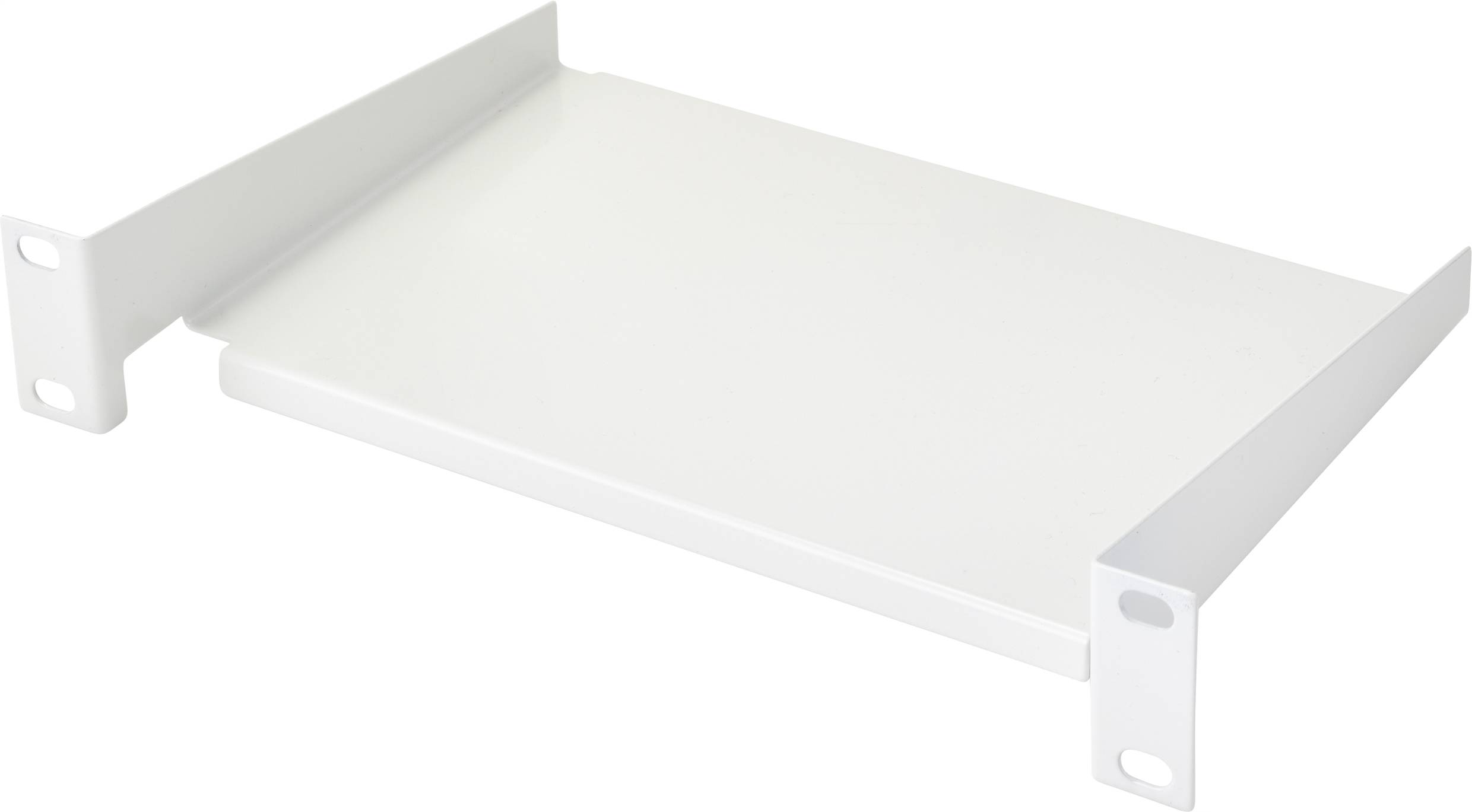 A white metal shelf with side brackets, suitable for mounting on a wall or inside a cupboard.