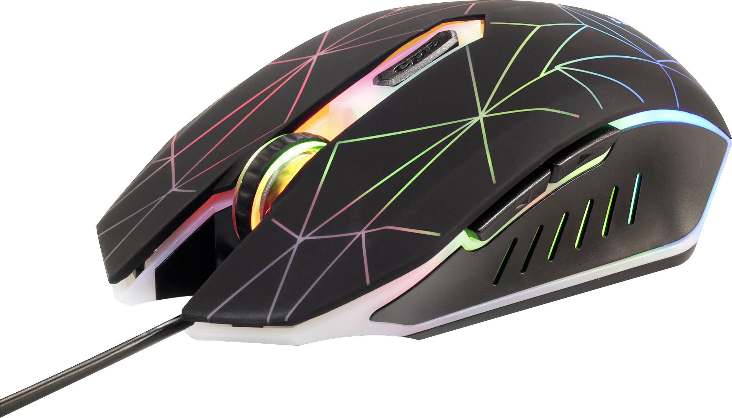 Black gaming mouse with colourful LED line patterns, side thumb button, and USB cable, on white background.