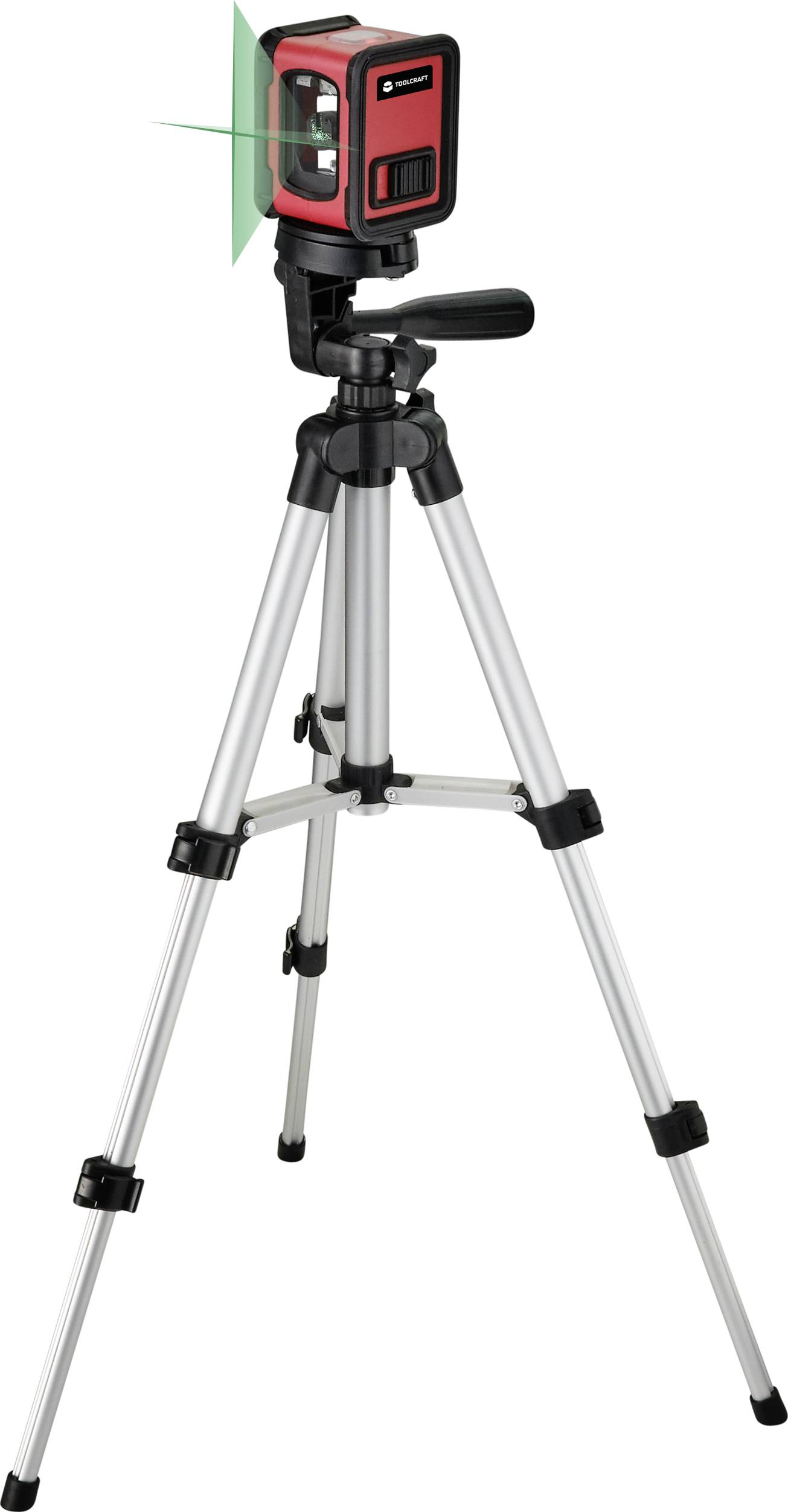 Tripod with mounted red laser measuring device projecting a green laser beam. Used for precise alignment and levelling.