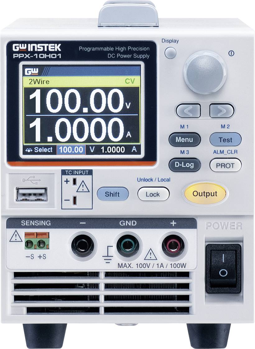 A GW Instek programmable high-precision power supply with digital display shows 100 V voltage and 1 A current.