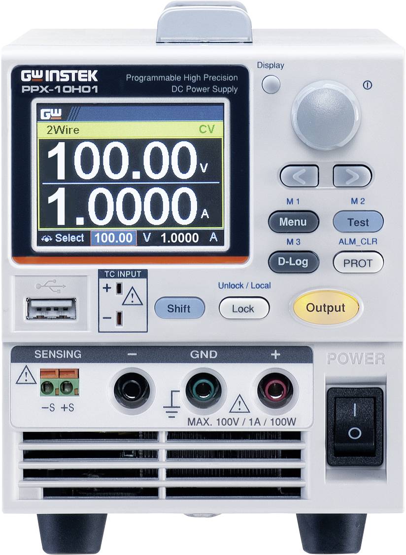 A programmable DC power supply with a digital display shows 100.00 volts and 1.0000 amperes. Controls at the top, connections at the bottom.