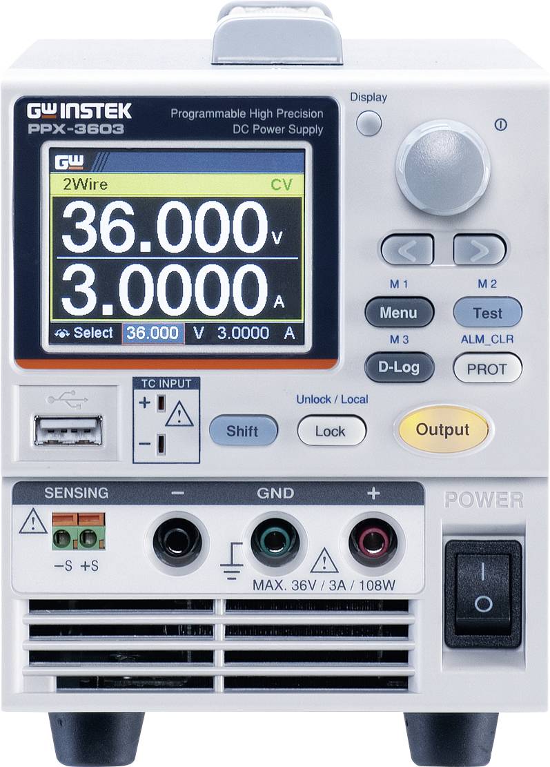 Laboratory power supply with display: Current voltage 36V, current strength 3A. Adjustment knobs and connections for power supply and measurements.