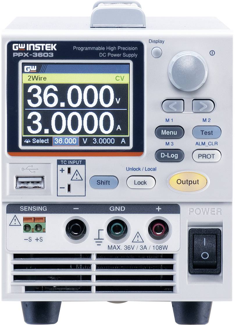 Ein elektronisches Labornetzteil mit Anzeige. Zeigt '36.000 V' und '3.000 A'. Bedienelemente und Anschlüsse an der Frontseite.