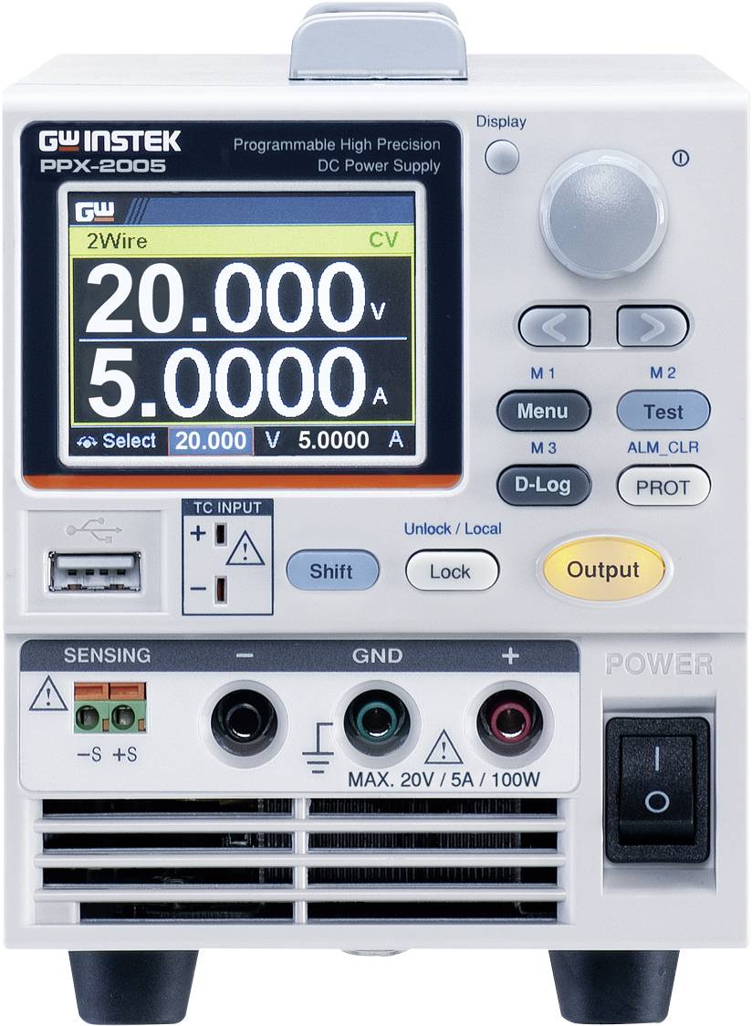 'GW Instek PPX-2005' Laboratory Power Supply with display showing 20.000V and 5.0000A. Buttons for functions, USB port, and connections at the bottom.