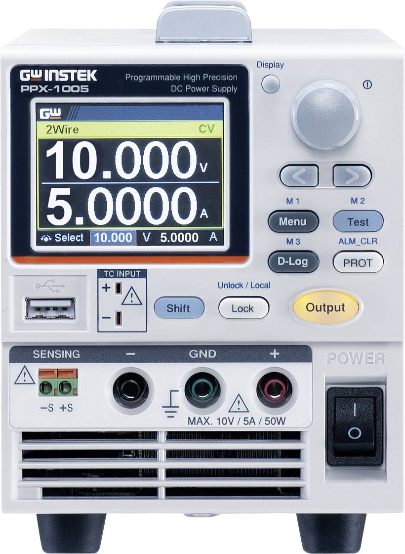 A digital testing device with a display shows '10,000V' and '5.0000A'. Buttons for settings and controls are arranged underneath.