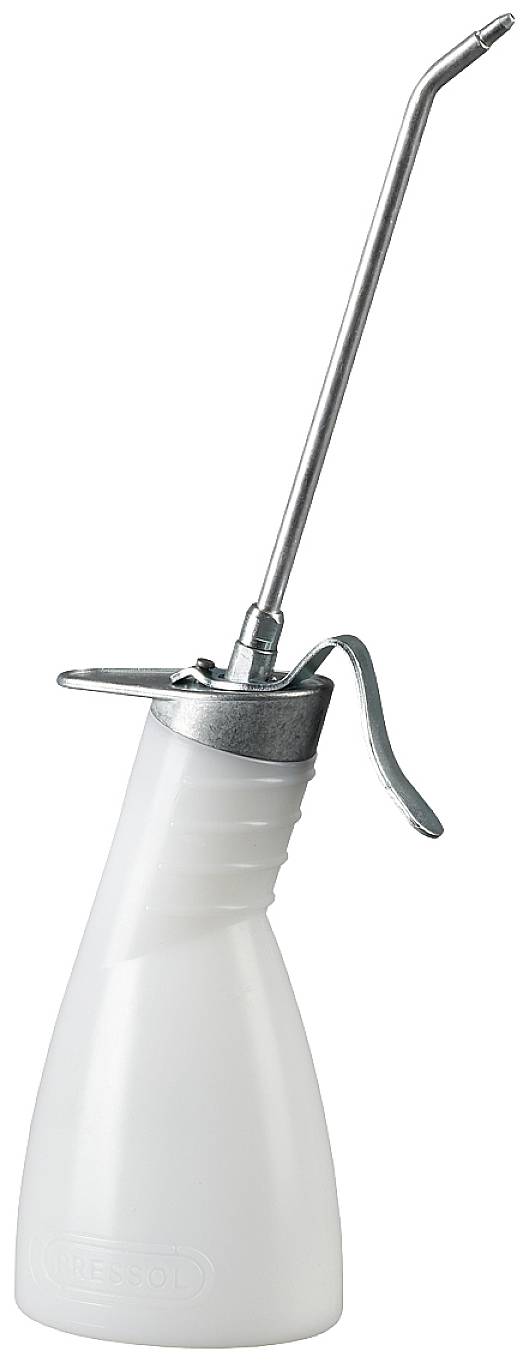 A white oil can with a long metal spout and lever handle, suitable for lubricating hard-to-reach areas.