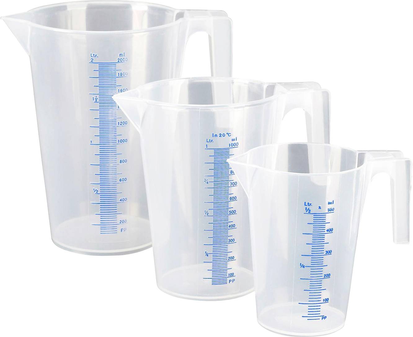 Three transparent measuring jugs of different sizes with blue millilitre scales. Each jug has a handle and a spout.