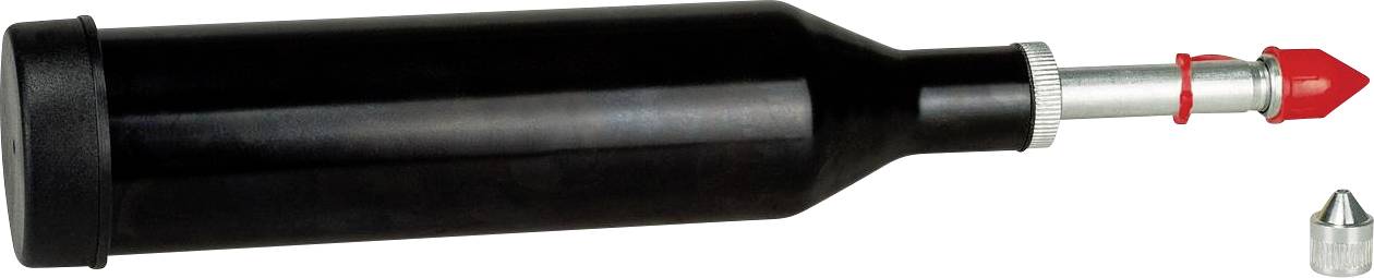 Black-grey CO2 cylinder with a red safety lock and separate metal attachment.