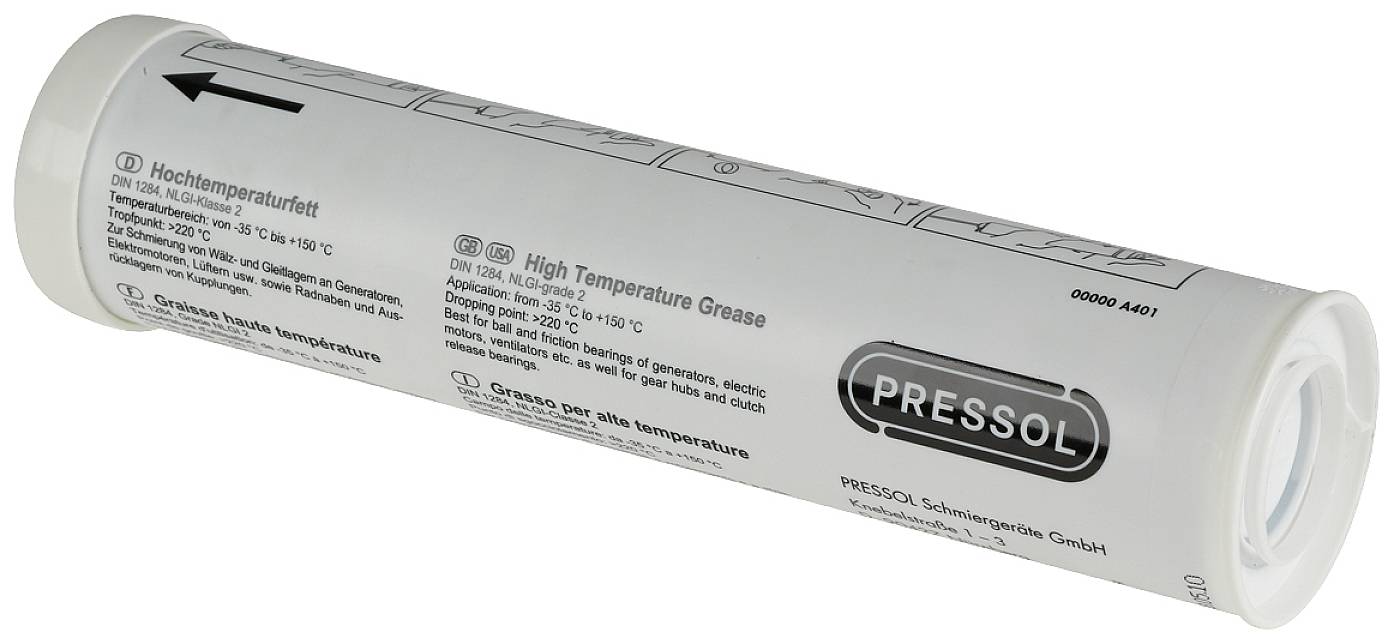 A white cartridge with the inscription 'PRESOL' for high-temperature grease. Contains technical information and application instructions.