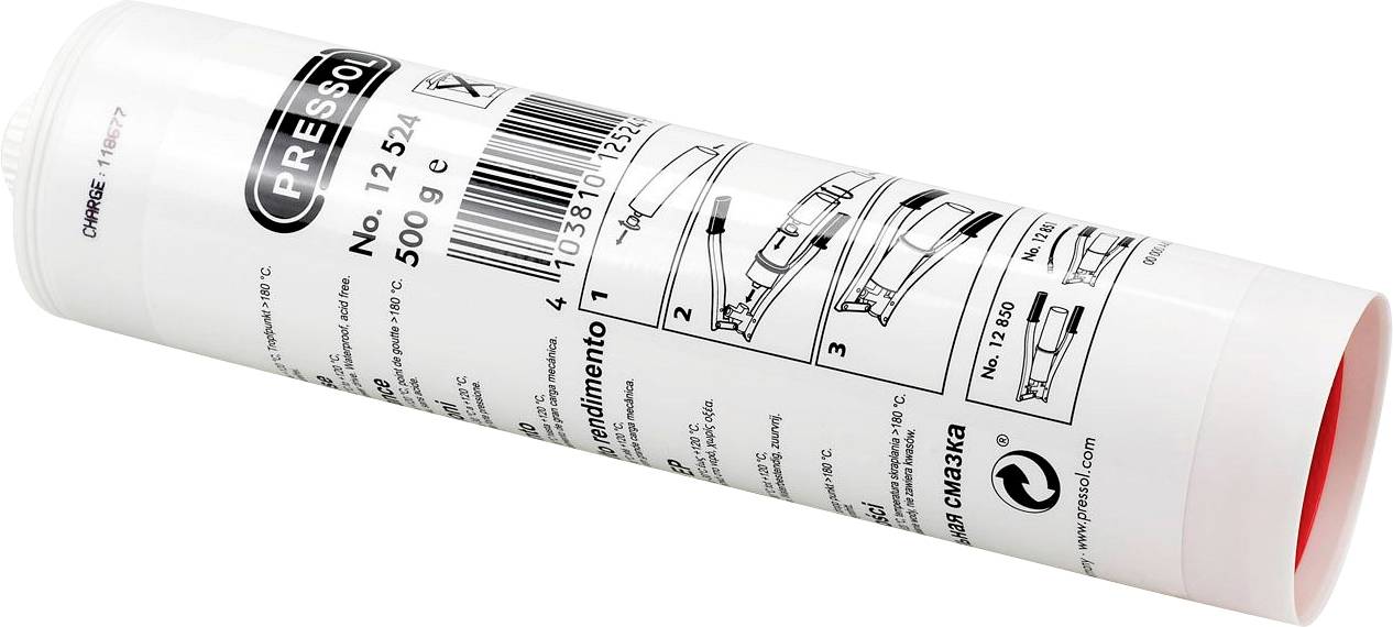 White plastic cartridge with a red lid, filled with 500 g of lubricating grease. Label displays brand, product details, and usage instructions.