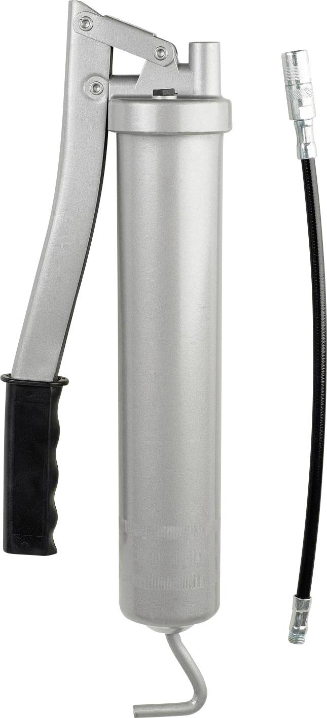 Silver grease gun with black handle and flexible hose.