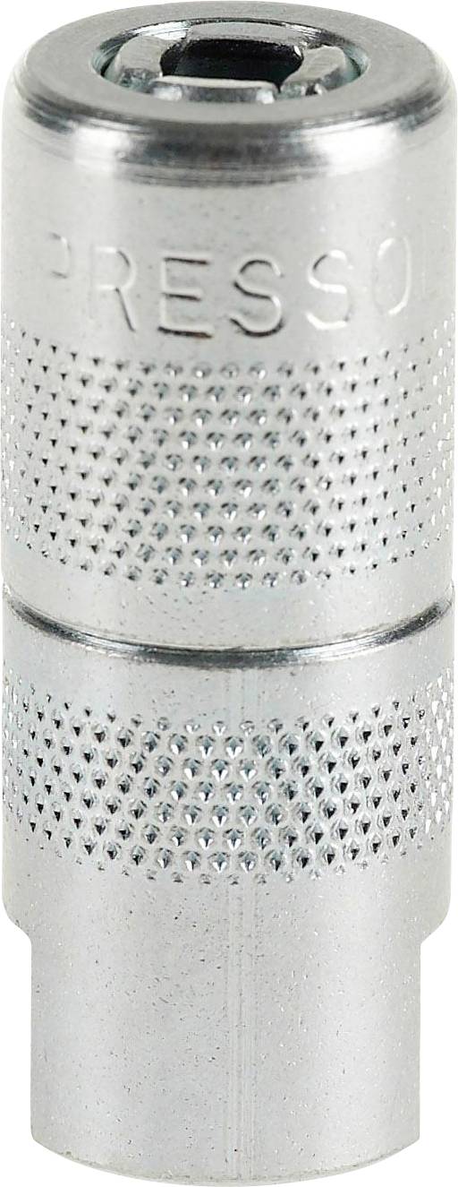 Metallic quick-release coupling, cylindrical shape, with ribbed surface.