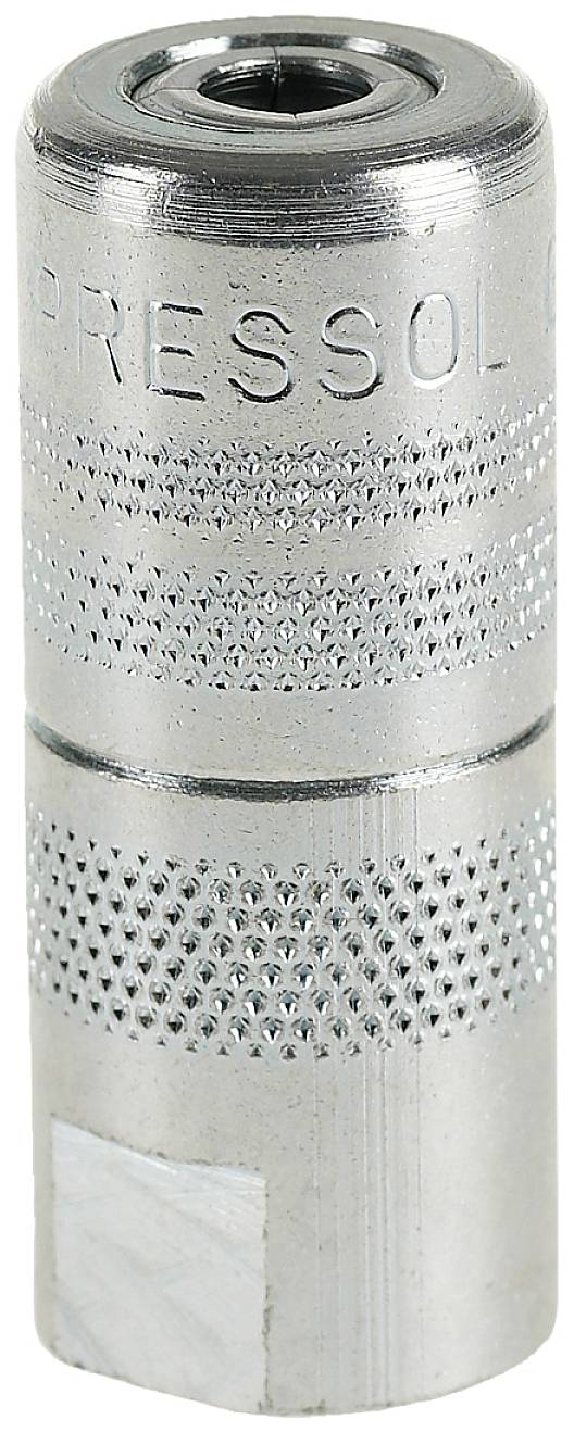 A metal gripping coupling, commonly used in lubrication devices, with a knurled surface for better grip and lettering on the side.