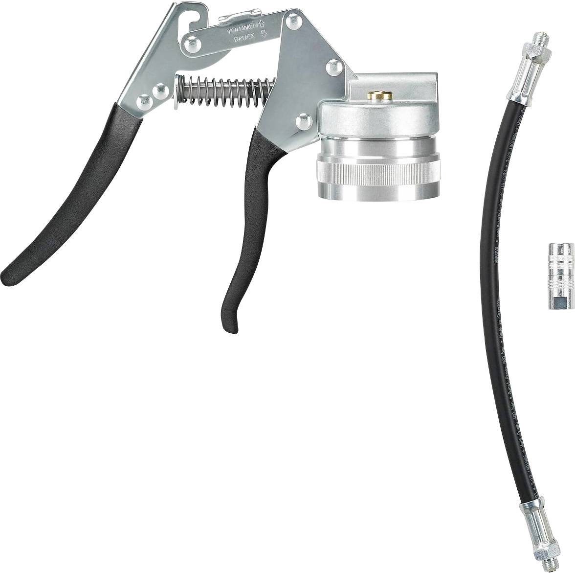 Hand-operated metal grease gun with black hose and nozzle. Suitable for lubrication in technical applications.