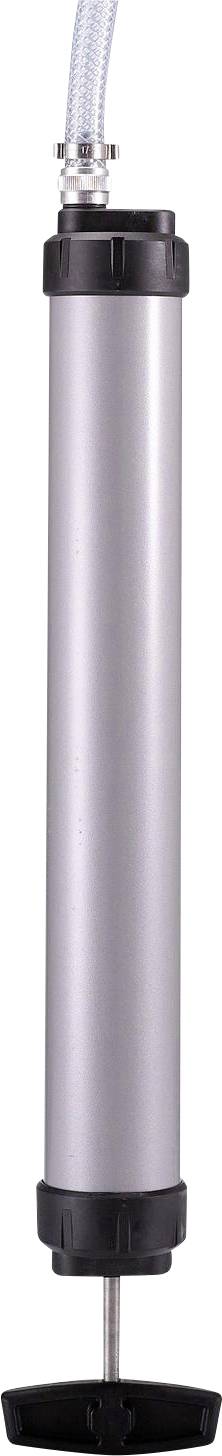 Grey, cylindrical bicycle hand pump with a black handle and black base, with a transparent hose connected at the top.