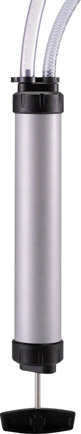 A cylindrical hand pump with two hoses on top. It has a silver metallic surface and black plastic elements at the ends.