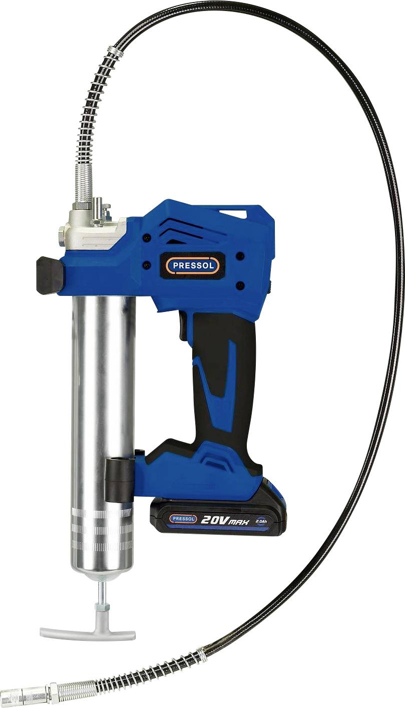 Electric grease gun in blue with a flexible hose, black handle, and 'Pressol' logo, suitable for lubrication work.