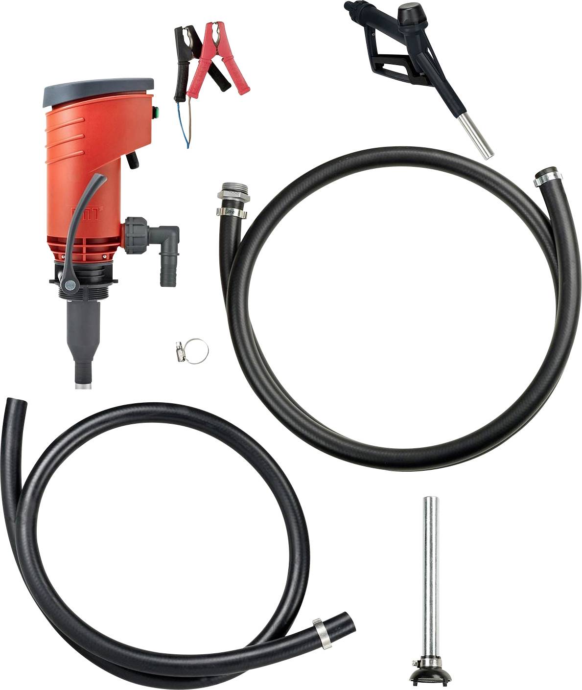 Piping system with red pump, hoses, and clamps. Used for transporting liquids.