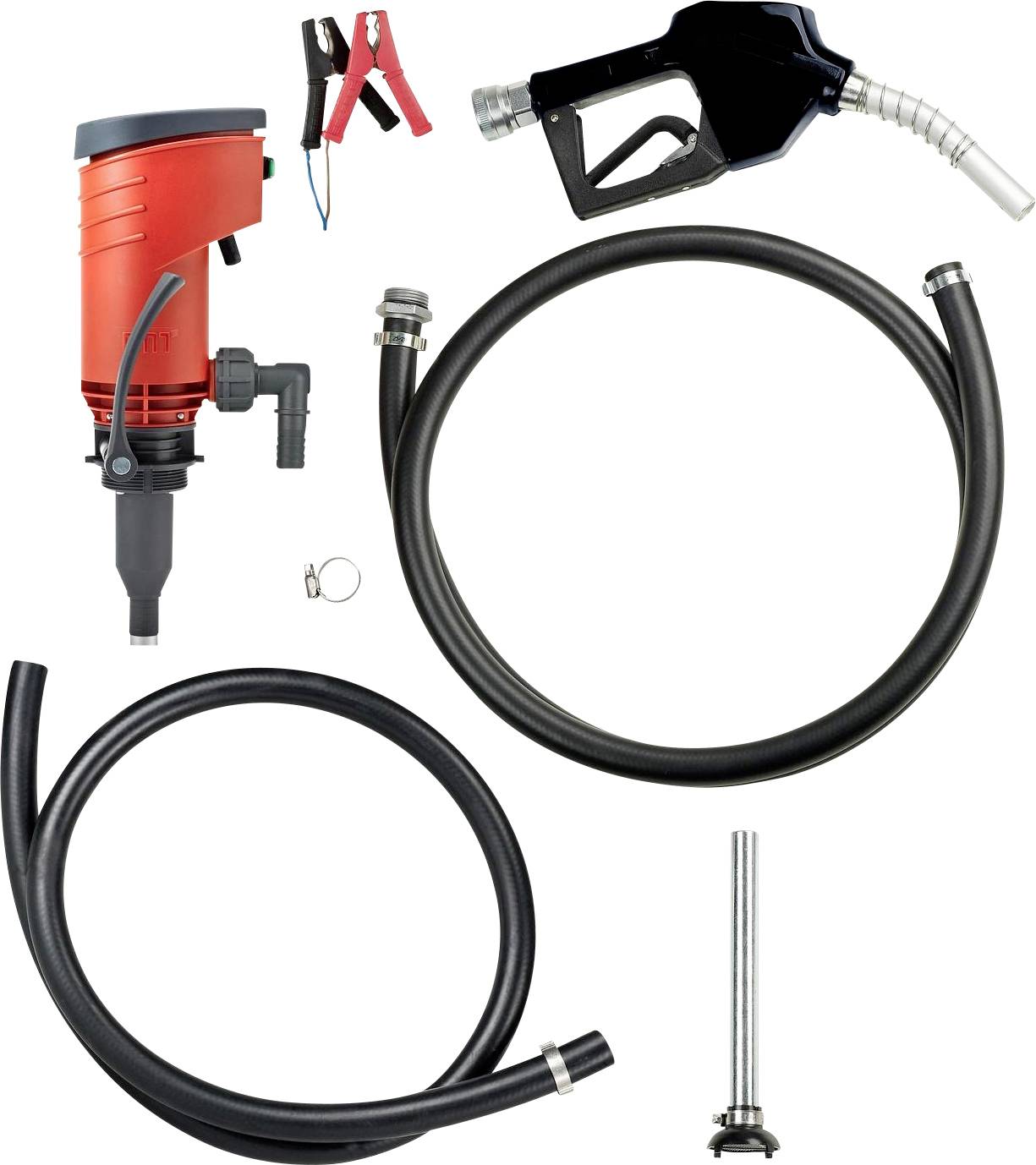 Battery-powered diesel pump with accessories: red pump head, black dispensing nozzle, clamps and hoses.