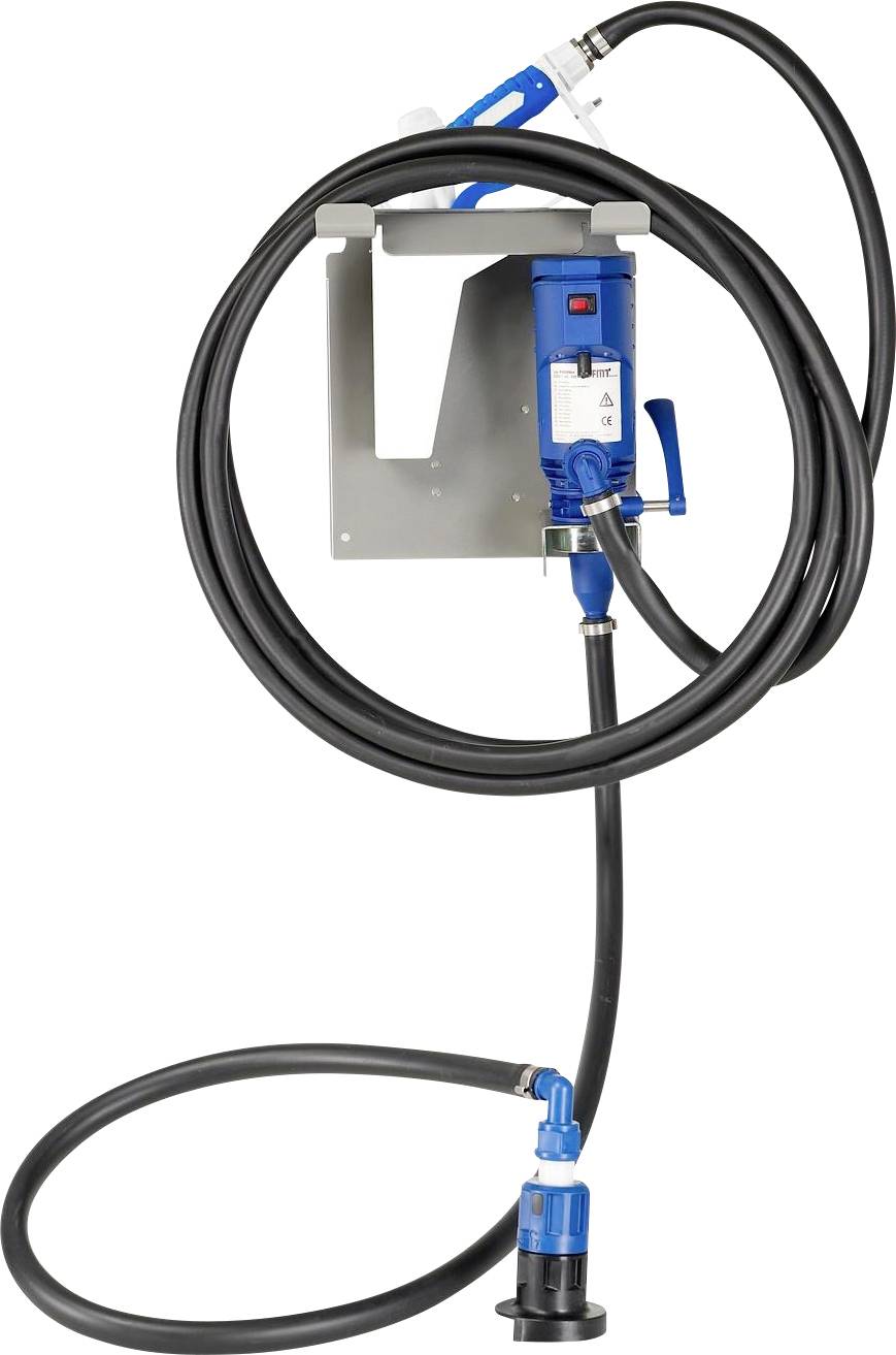 Industrial pump mounted on wall bracket with black hose and blue dispensing nozzle.