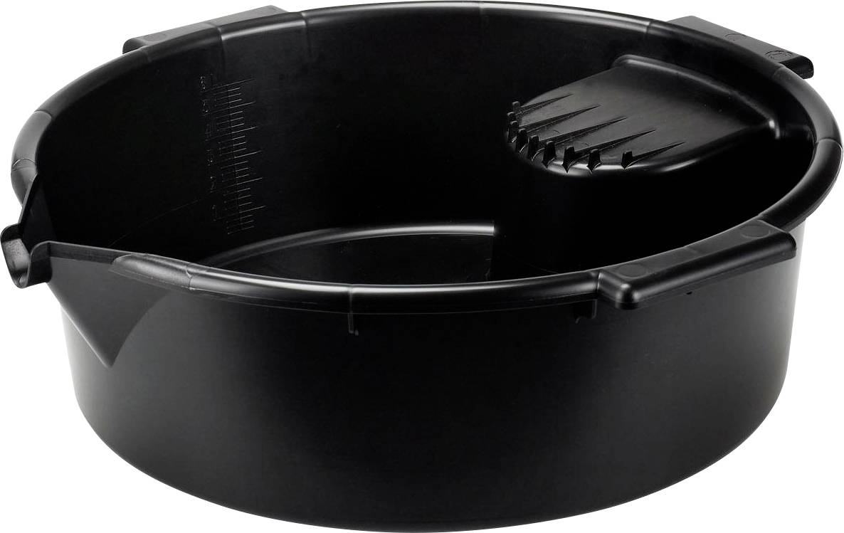 A black, round washing basin with a drainage outlet and measurement scale, suitable for mixing liquids or paints.