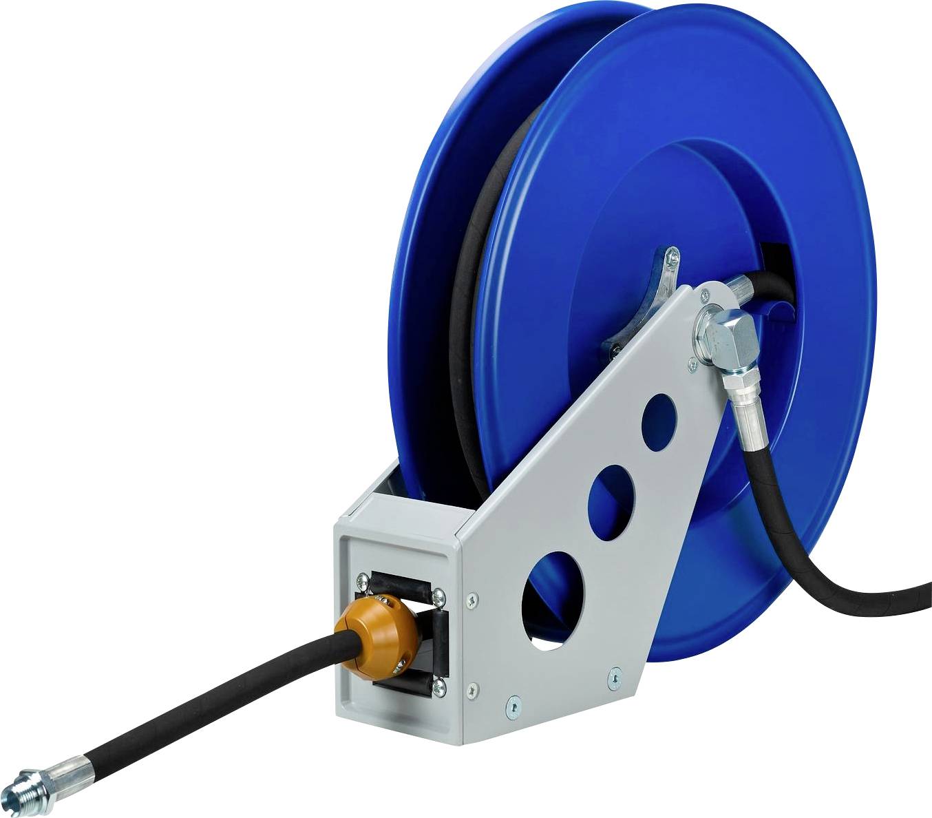 Blue hose reel with a black hose, attached to a silver metal holder.